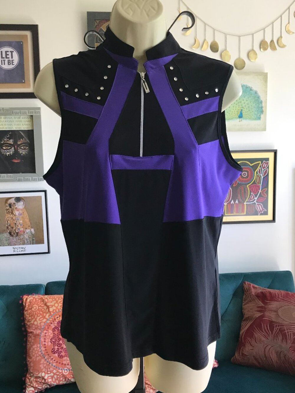 JAMIE SADOCK size M Black & Purple Stretch Jersey 1/4 Zip Sleeveless Golf Shirt